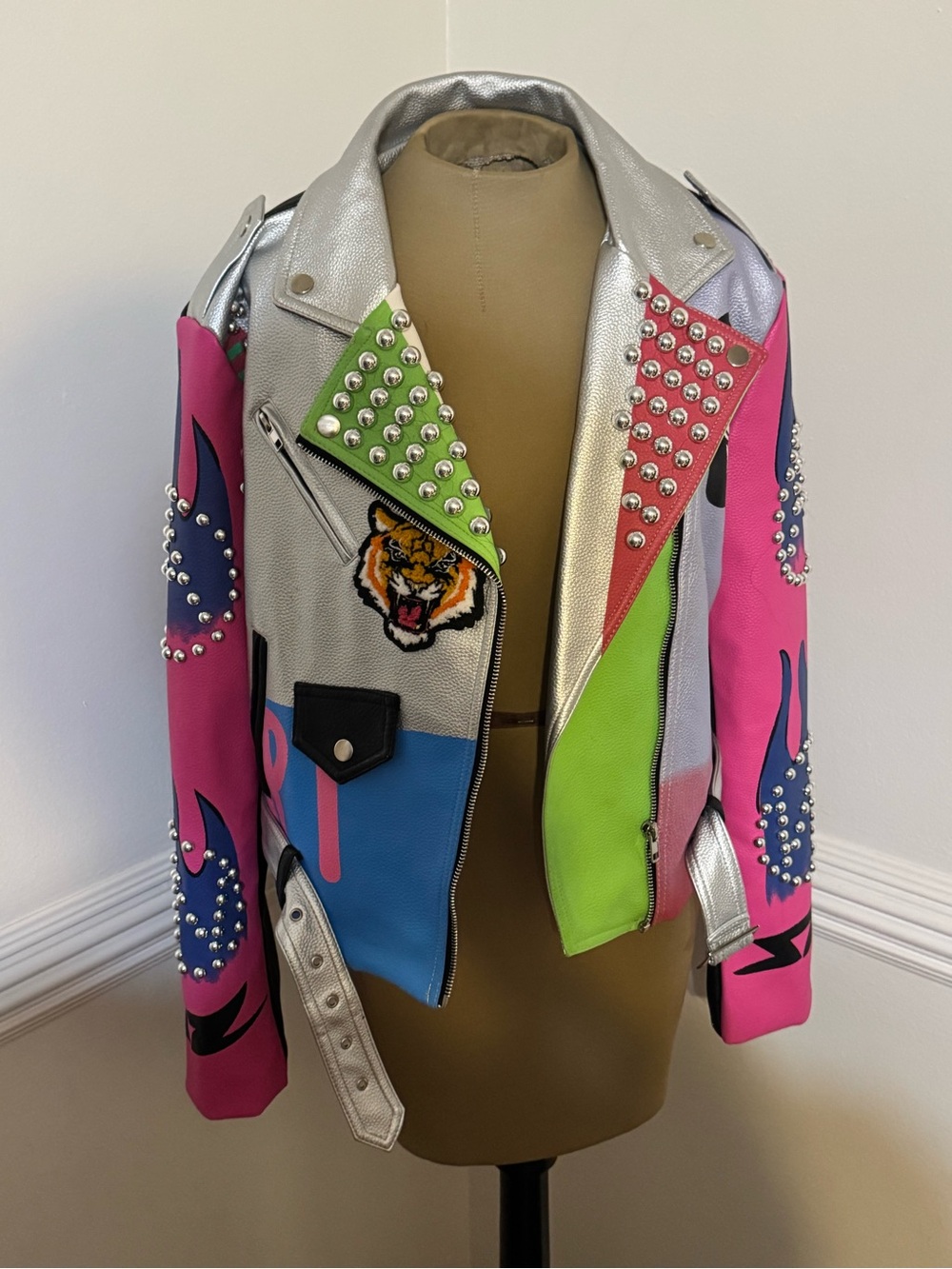 Studded Multicolor Moto Jacket with Tiger Patch